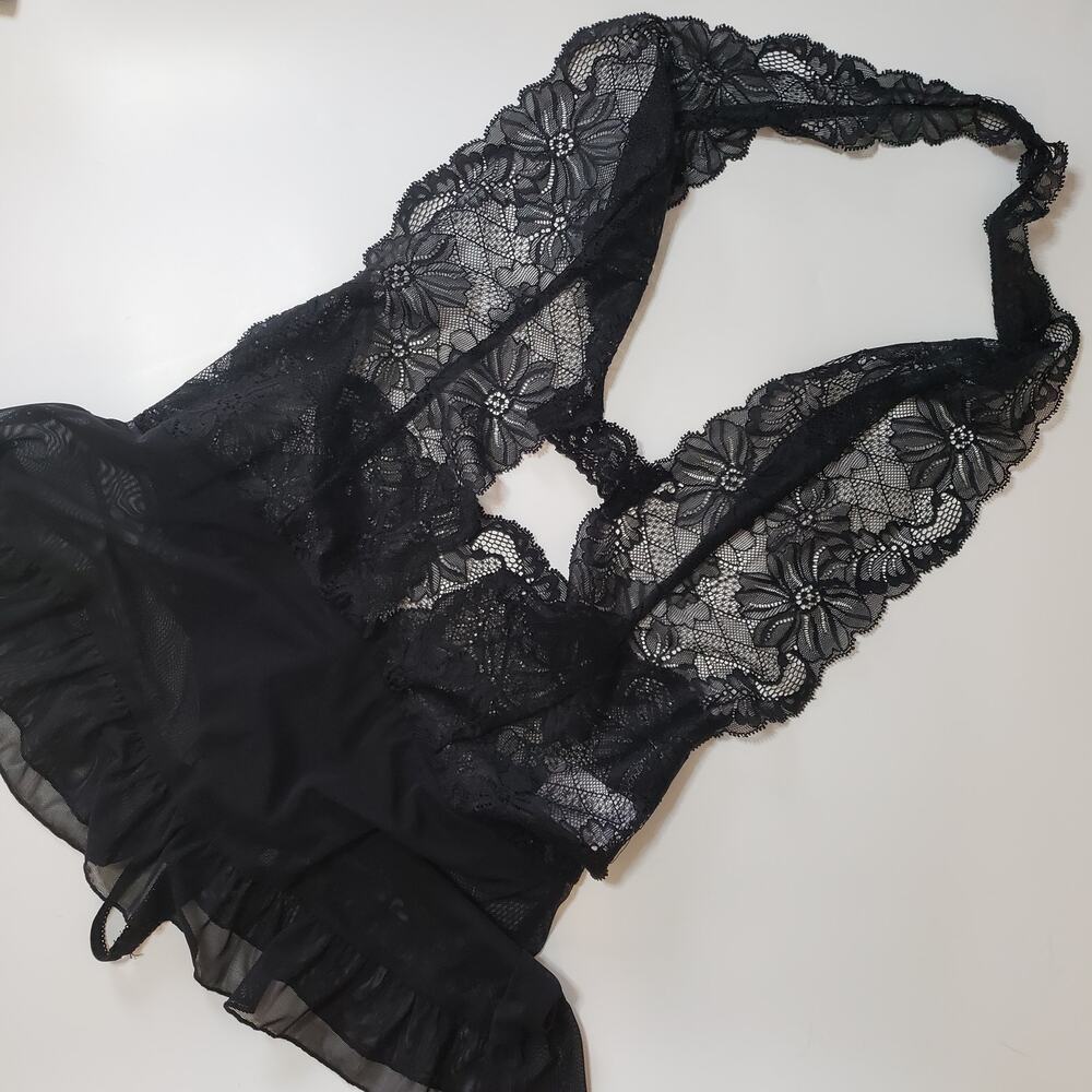 Frederick's of Hollywood Halter Low Cut Thong Teddy Sheer Black Lace Medium